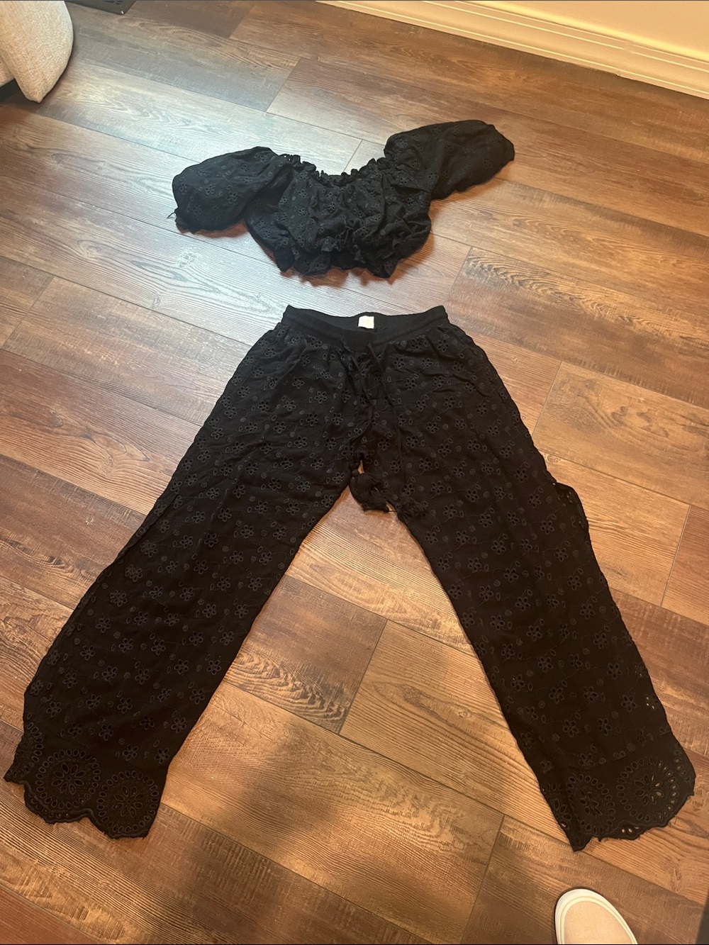 Surf Gypsy Black Eyelet Wide-Leg Pants with Drawstring Waist